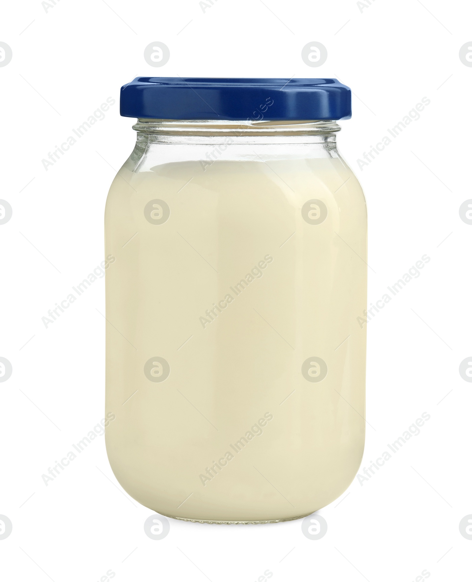 Photo of Fresh mayonnaise sauce in glass jar isolated on white