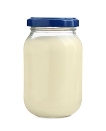 Photo of Fresh mayonnaise sauce in glass jar isolated on white