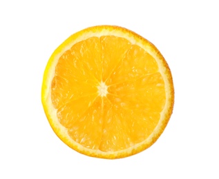 Photo of Slice of ripe orange on white background