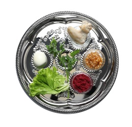 Photo of Traditional silver plate with symbolic meal for Passover (Pesach) Seder on white background, top view