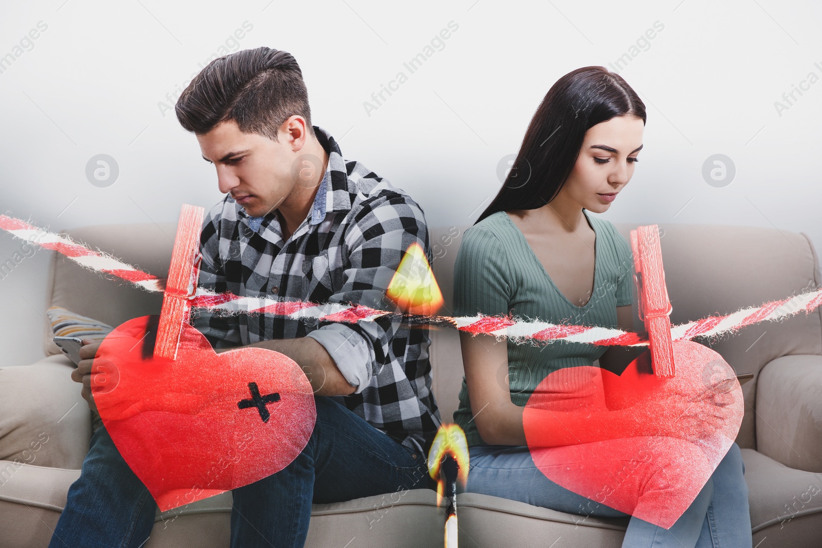 Image of Double exposure of couple addicted to smartphones ignoring each other, red paper hearts on rope and burning match. Relationship problems