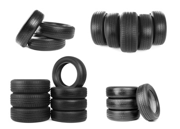 Set with car tires on white background