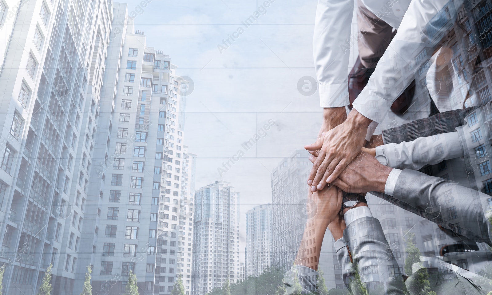 Image of Partnership, cooperation, collaboration. Double exposure of cityscape and people joining hands. Banner design