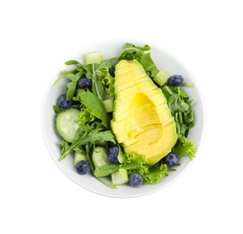 Photo of Delicious avocado salad with blueberries in bowl on white background, top view