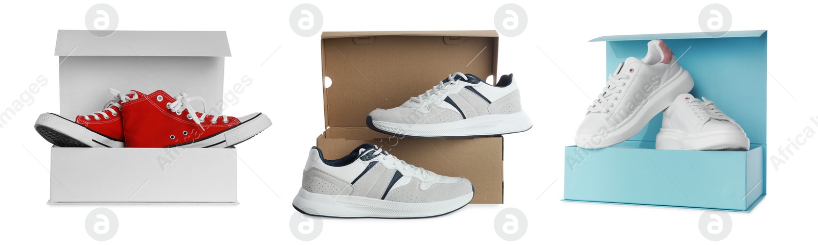 Image of Set with stylish shoes and cardboard boxes on white background. Banner design