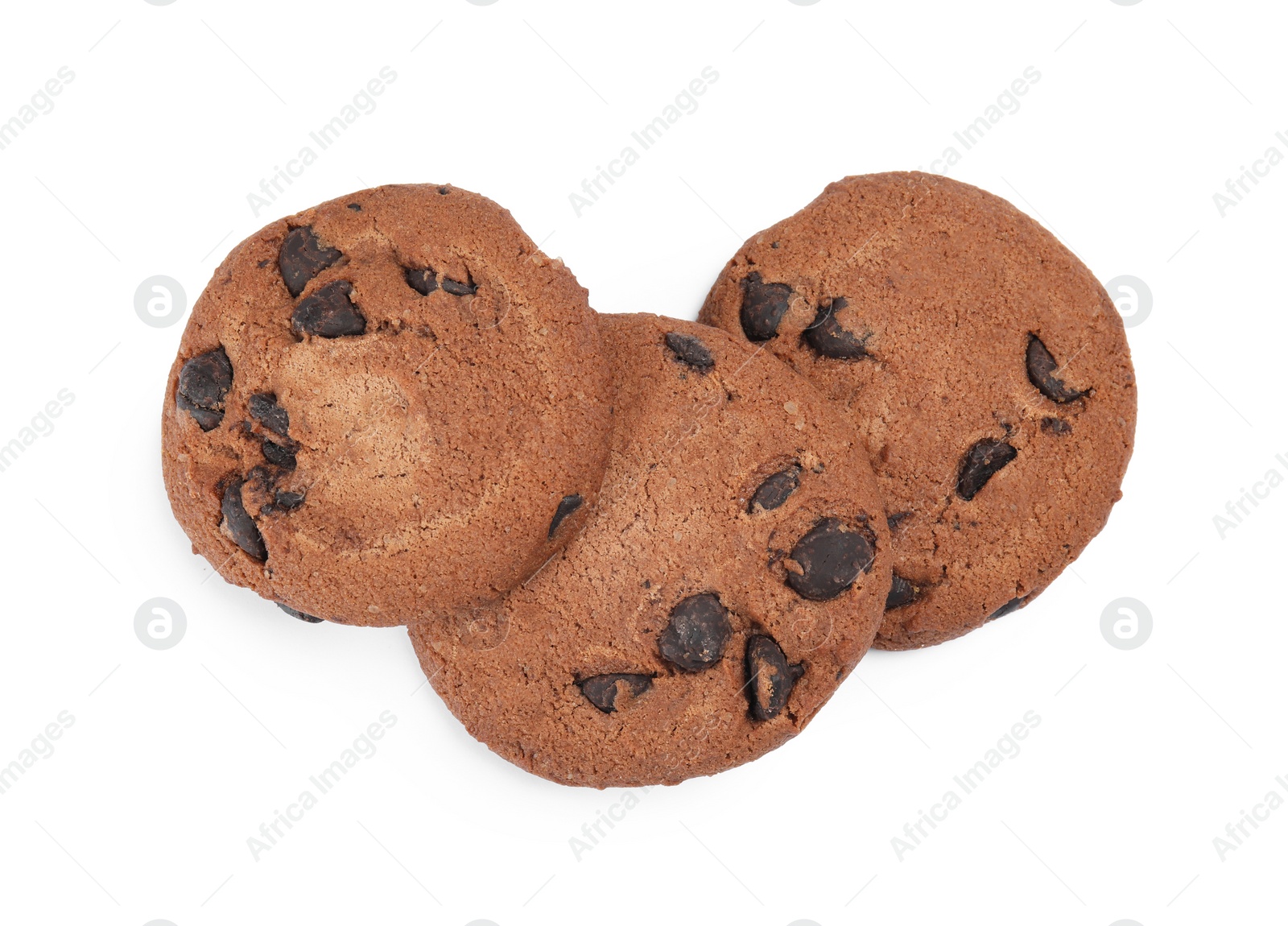 Photo of Delicious chocolate chip cookies on white background, top view