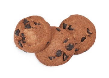 Photo of Delicious chocolate chip cookies on white background, top view