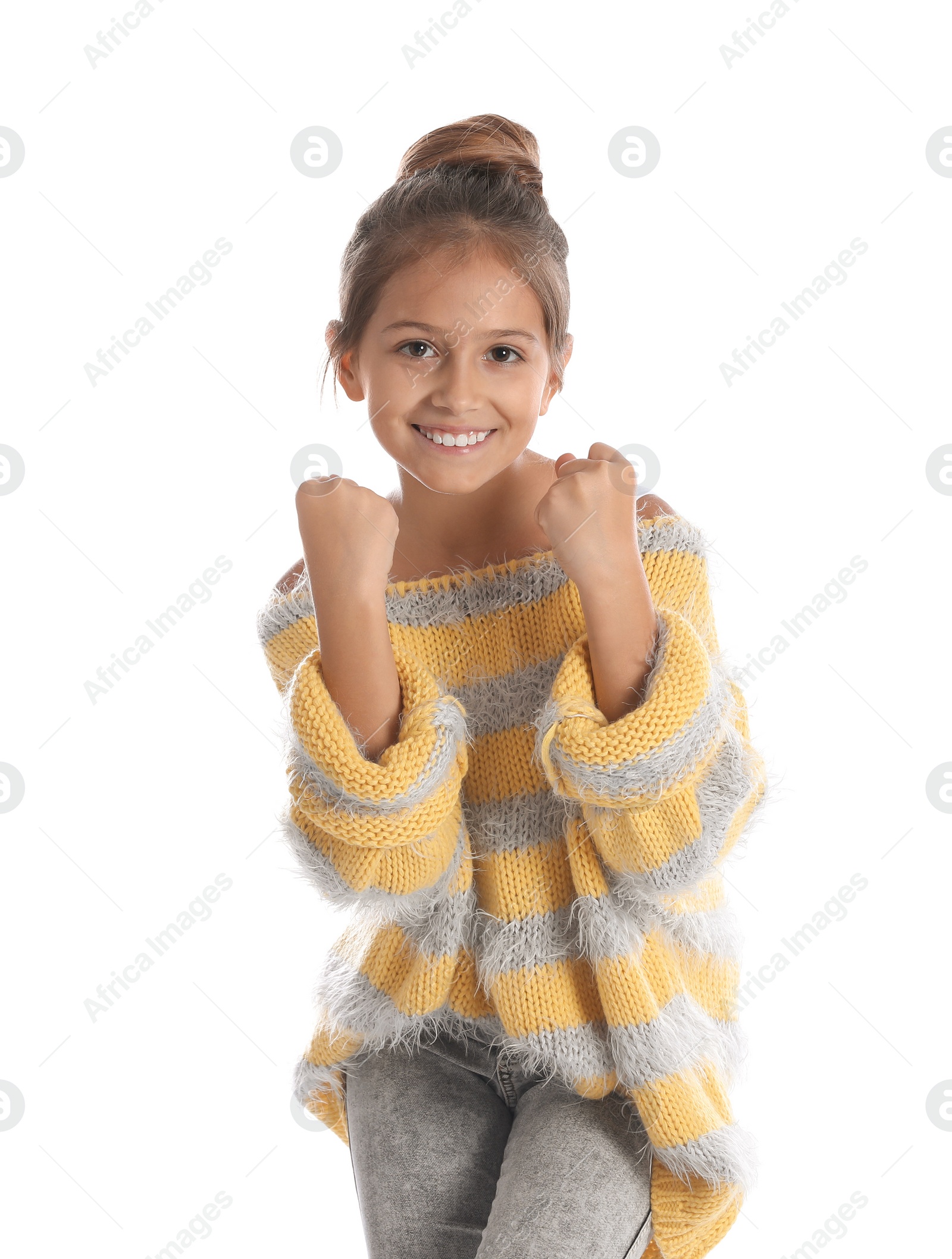 Photo of Portrait of emotional preteen girl against white background