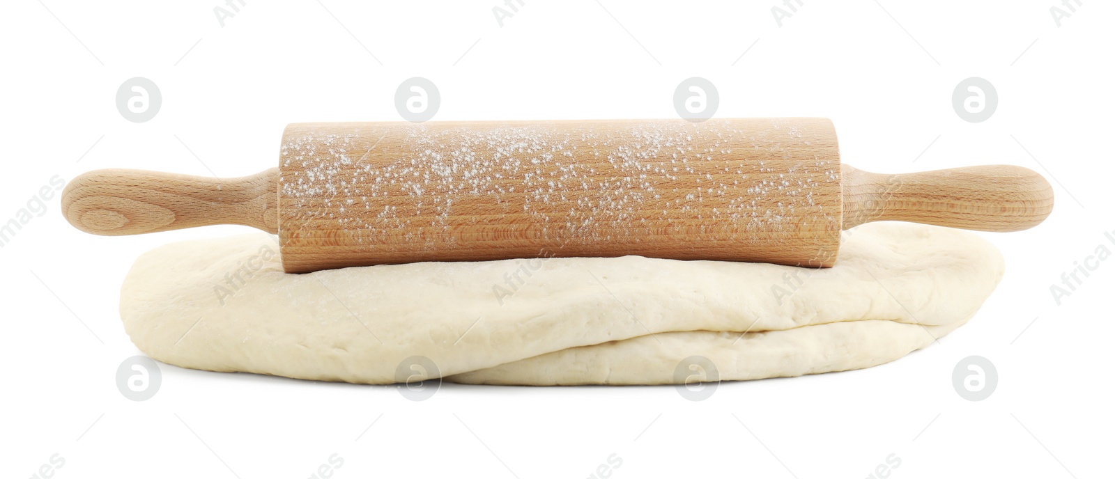 Photo of Raw dough and rolling pin isolated on white