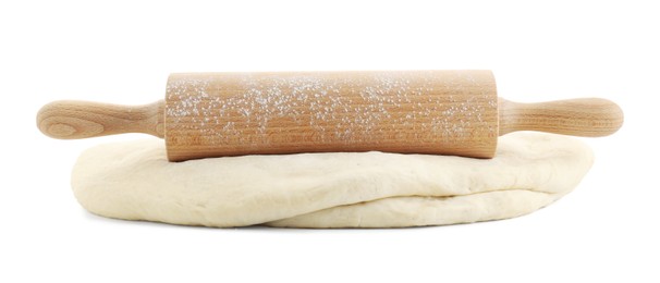 Raw dough and rolling pin isolated on white