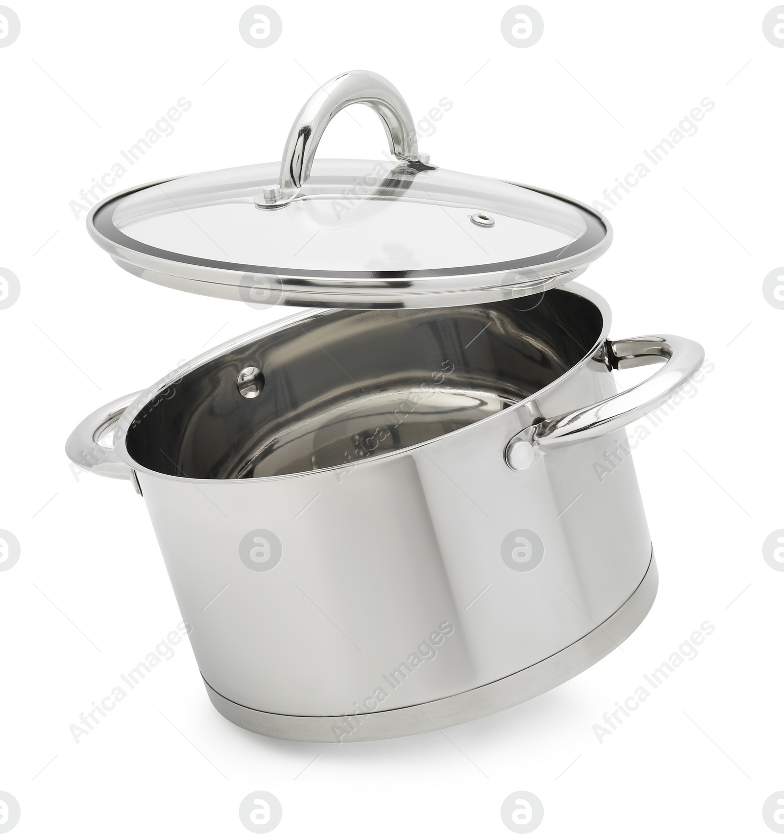 Photo of One steel pot and glass lid isolated on white