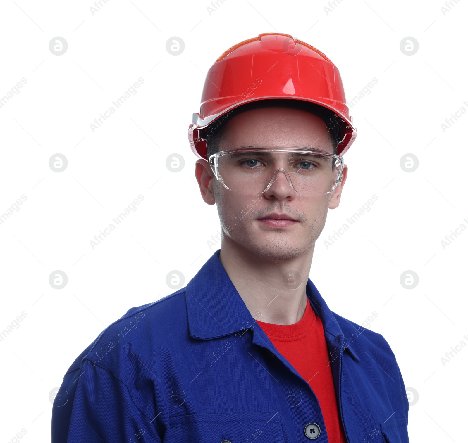 Photo of Young man wearing safety equipment on white background