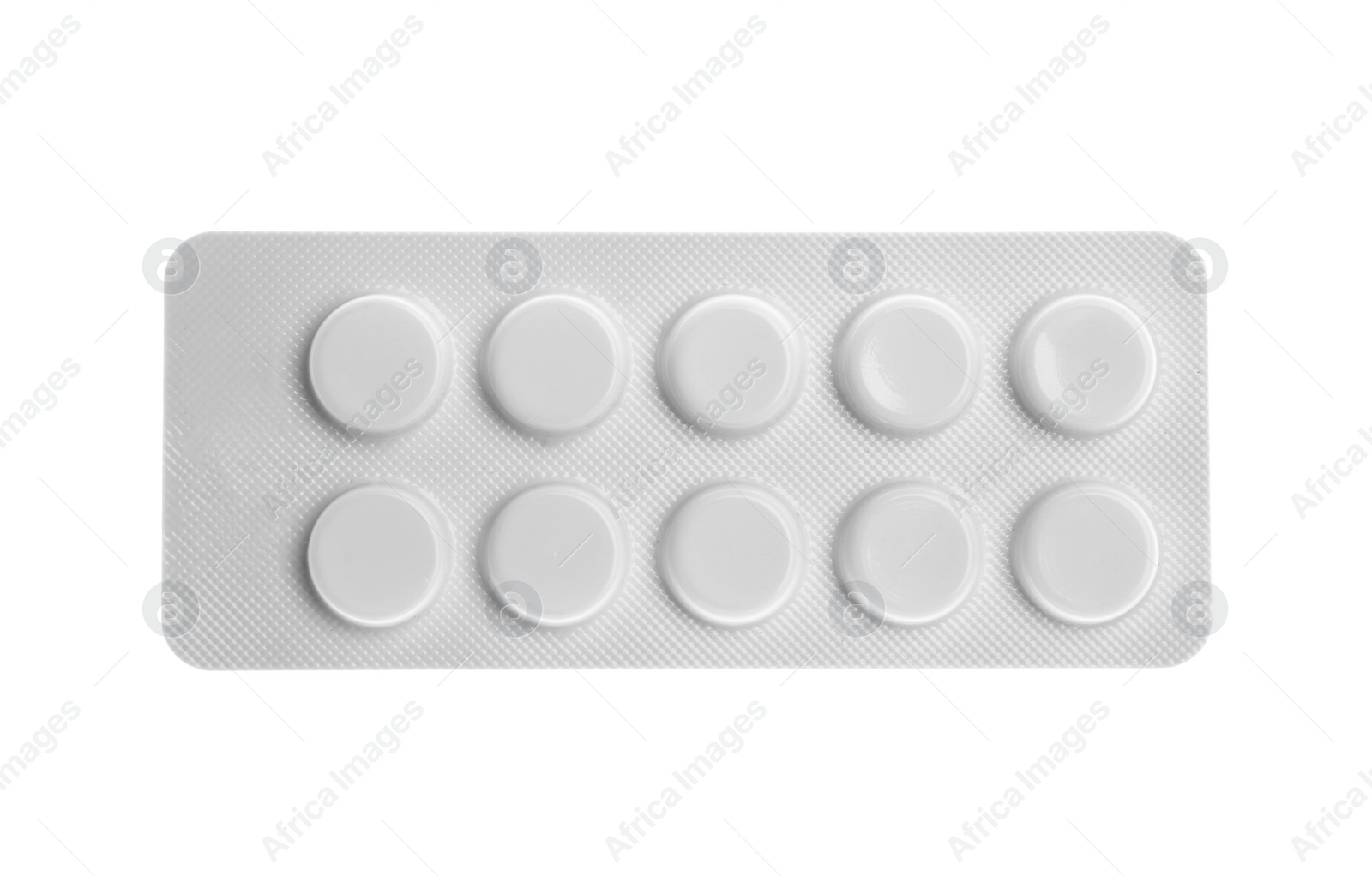 Photo of Pills in blister pack on white background, top view