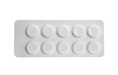 Photo of Pills in blister pack on white background, top view