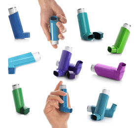 Image of Collage with portable asthma inhalers on white background