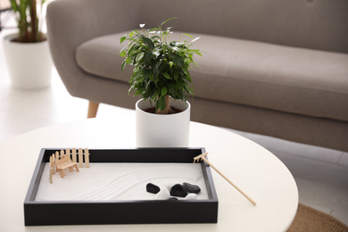 Photo of Beautiful miniature zen garden on white table indoors