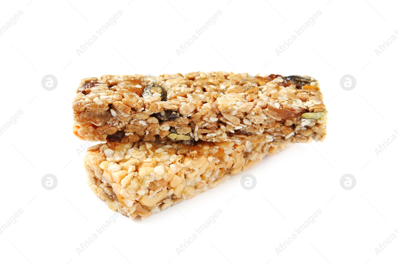 Photo of Different grain cereal bars on white background. Healthy snack