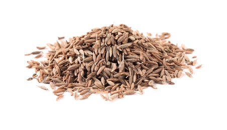 Photo of Heap of aromatic caraway (Persian cumin) seeds isolated on white