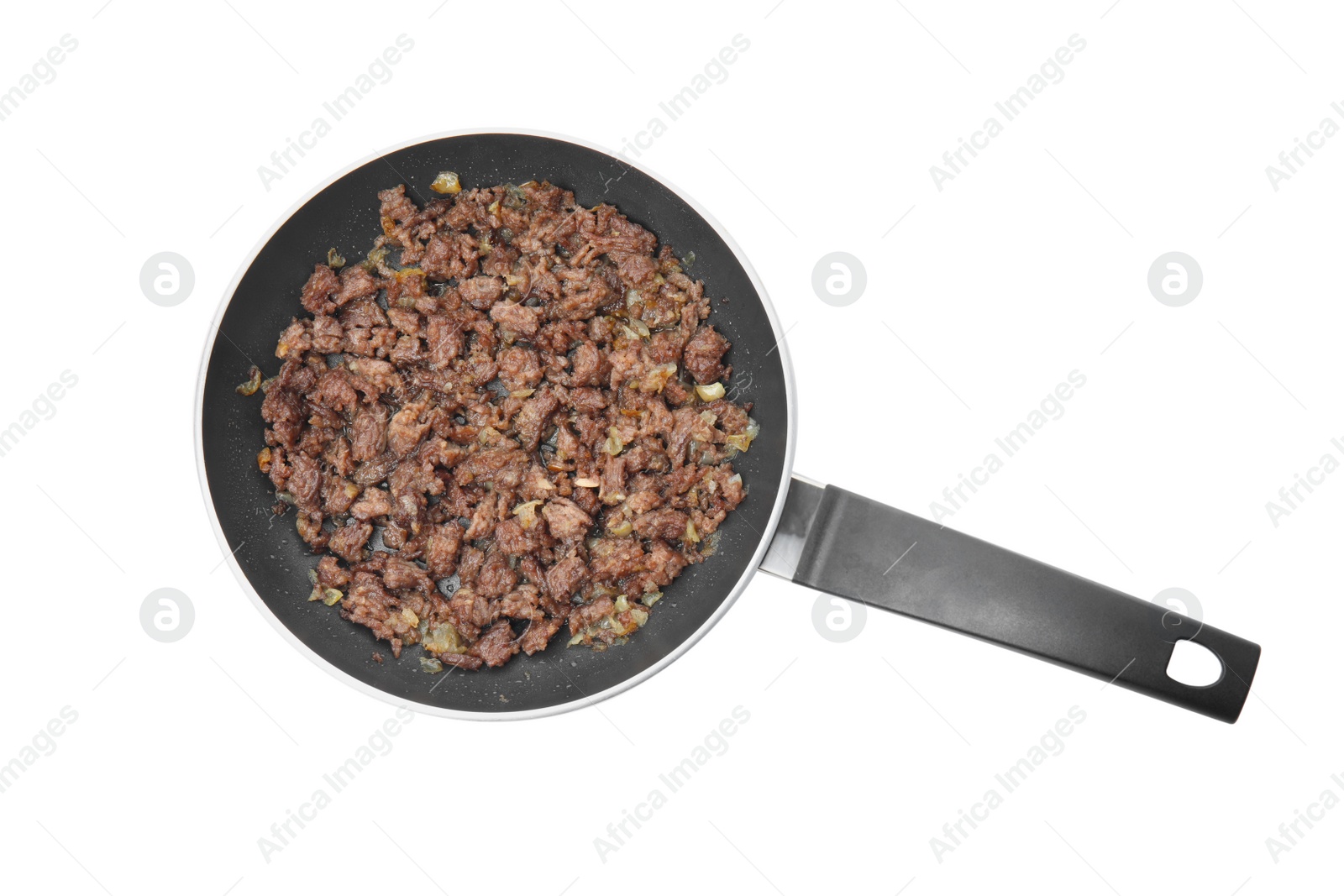 Photo of Pan with fried minced meat isolated on white, top view