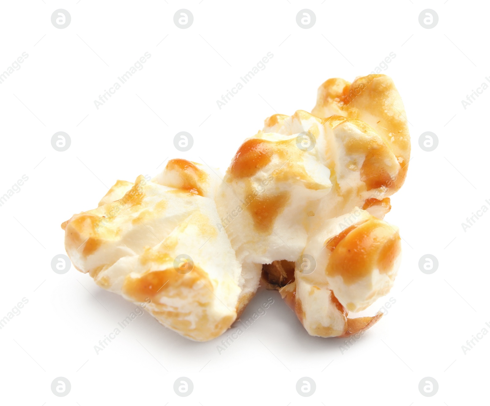 Photo of Delicious caramel popcorn on white background