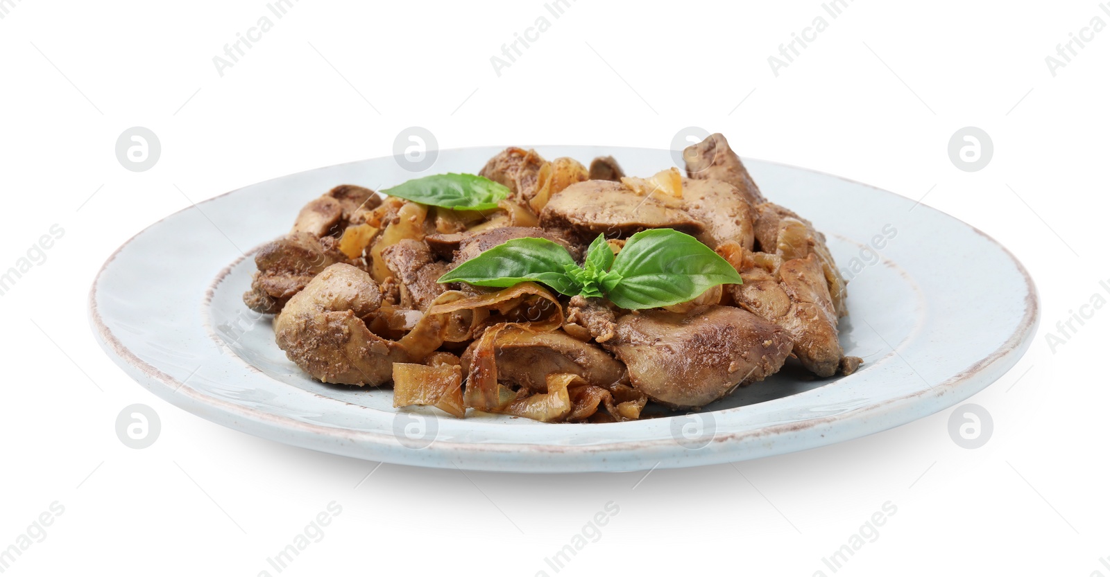 Photo of Plate of delicious fried chicken liver with onion and basil isolated on white