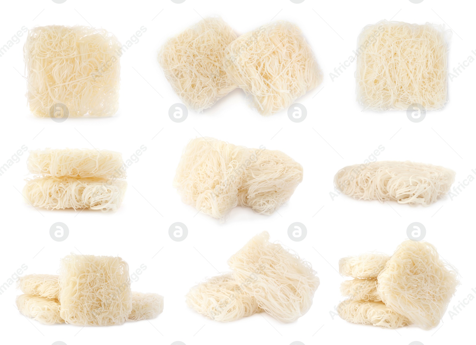 Image of Set with dried rice noodles on white background