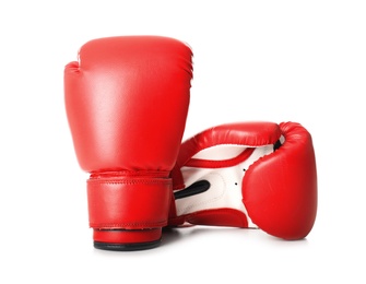 Photo of Pair of boxing gloves on white background