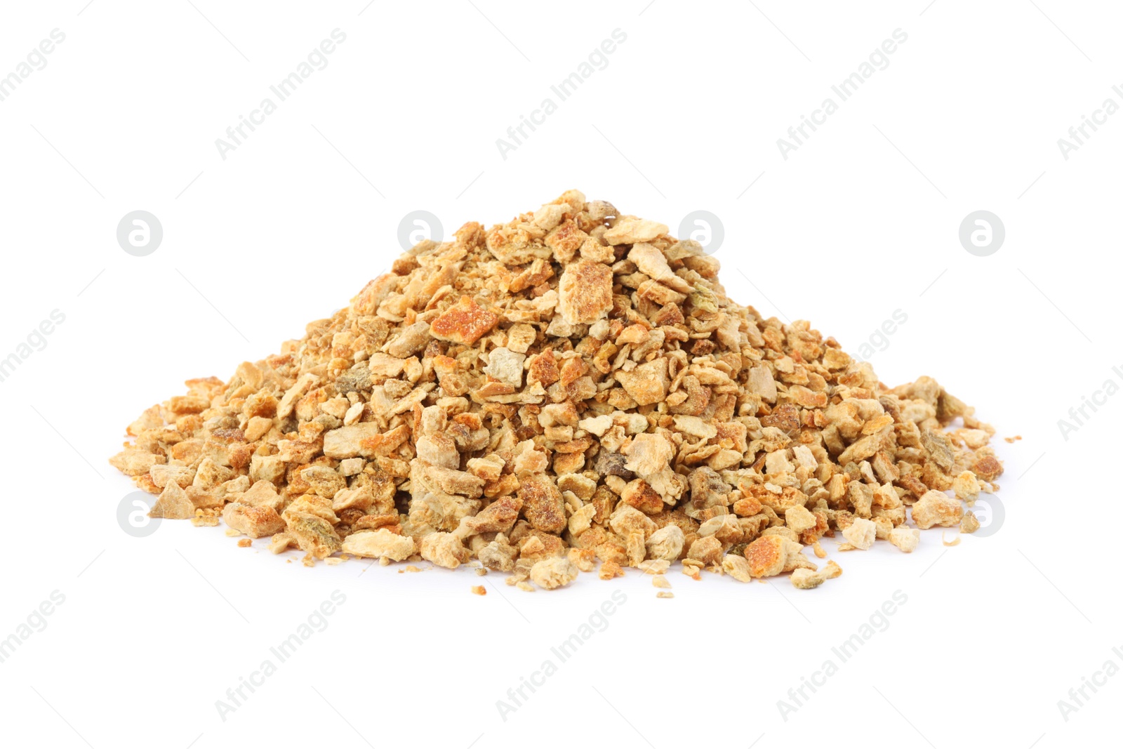 Photo of Pile of dried orange zest seasoning isolated on white