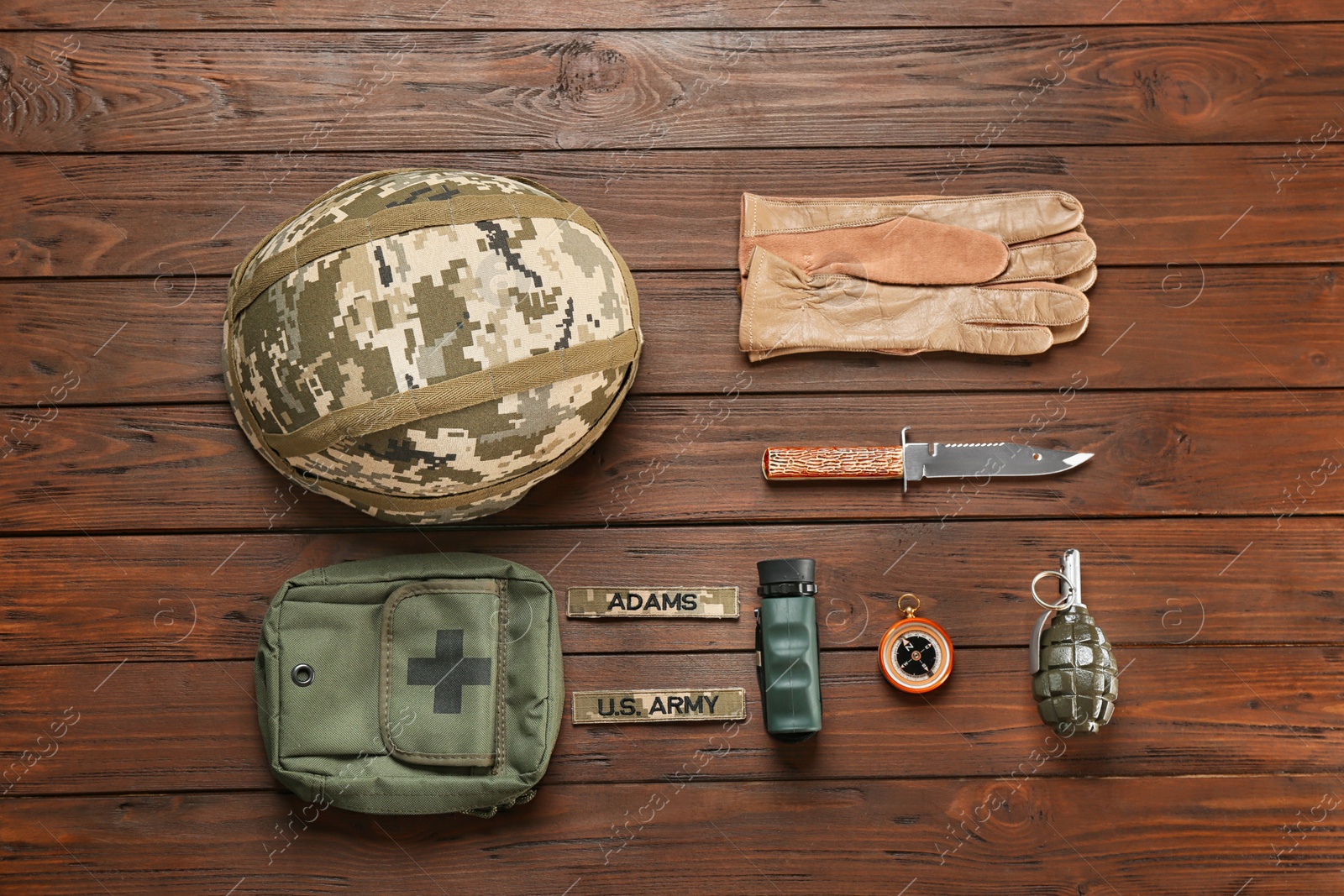 Photo of Set of military equipment on wooden background, flat lay