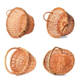 Set with wicker baskets on white background