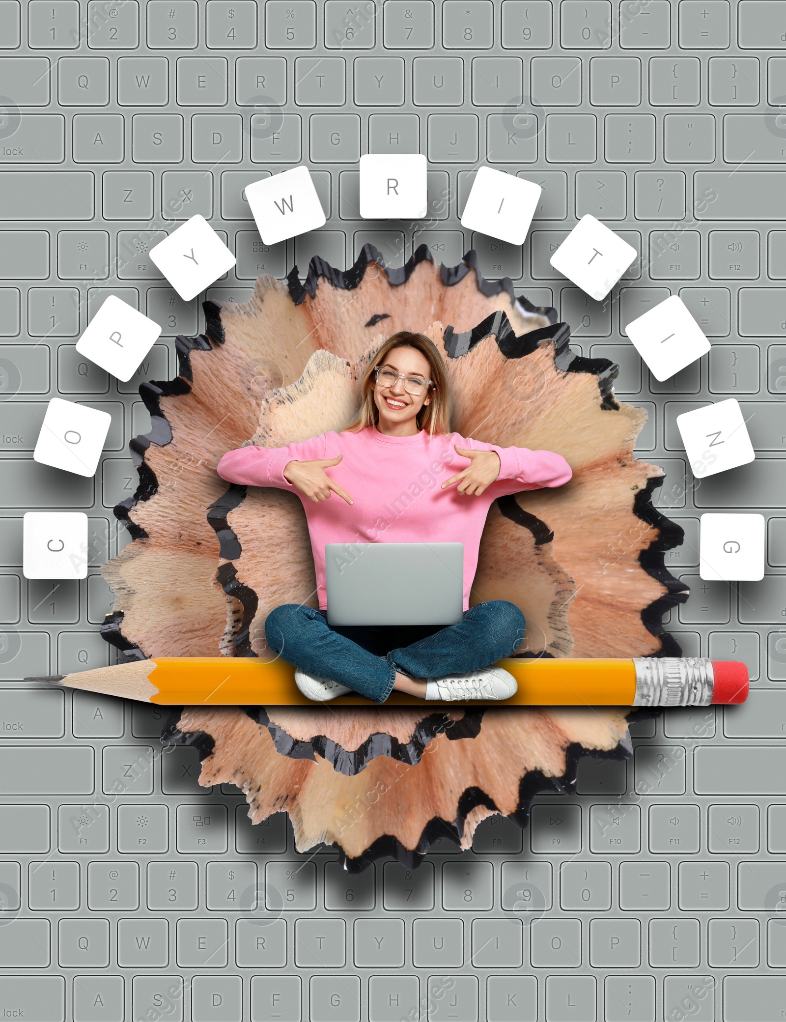 Image of Word Copywriting above young woman with laptop. Girl sitting on pencil surrounded by pencil shaving