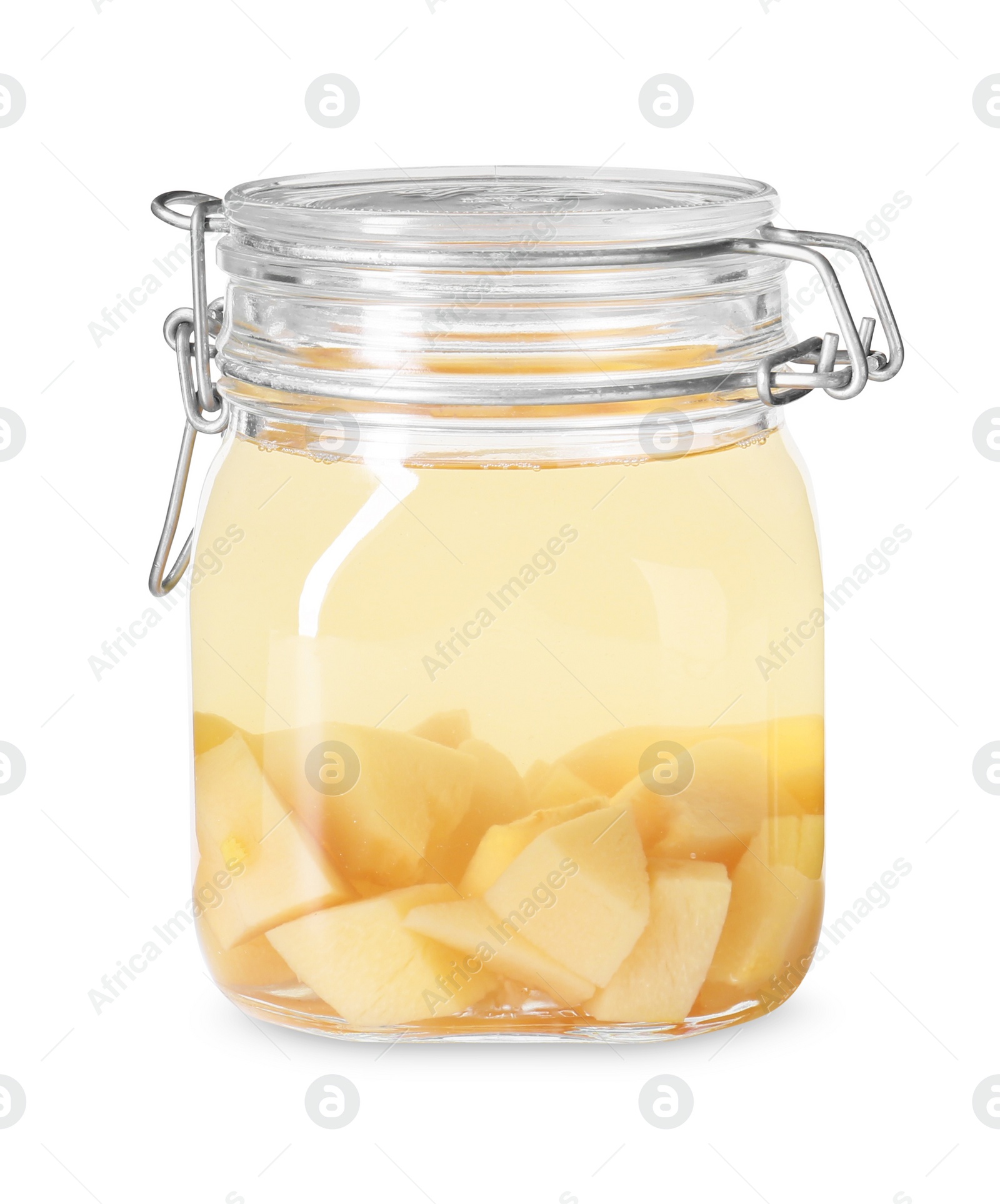 Photo of Delicious quince drink in glass jar isolated on white