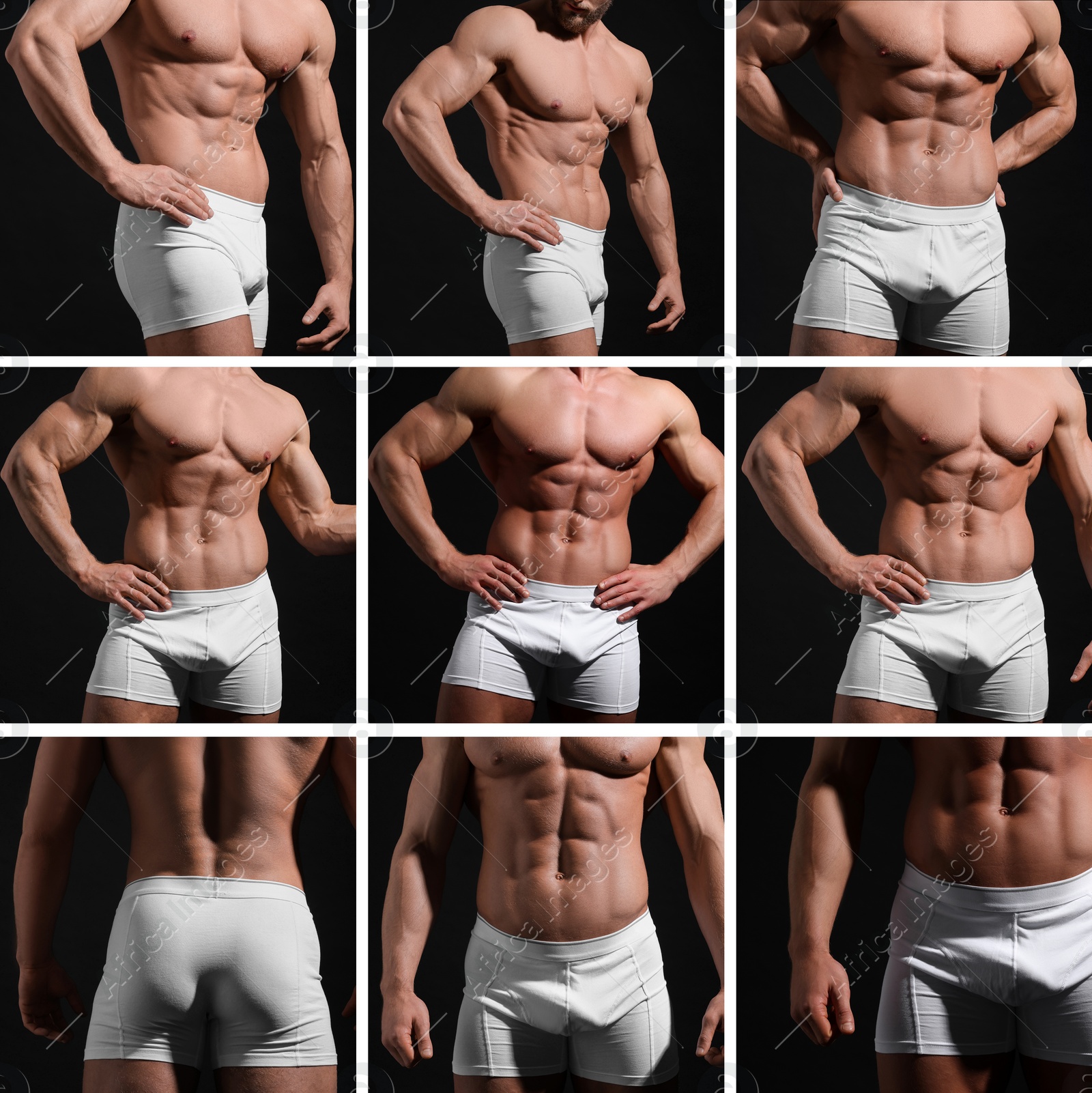 Image of Muscular man in stylish white underwear on black background, closeup. Collection of photos