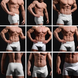 Muscular man in stylish white underwear on black background, closeup. Collection of photos