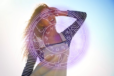 Beautiful young woman outdoors and zodiac wheel illustration