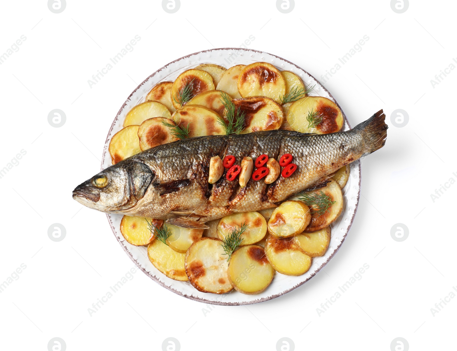 Photo of Plate with delicious roasted sea bass fish and potatoes on white background, top view
