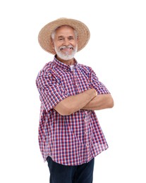 Photo of Harvesting season. Happy farmer with crossed arms on white background