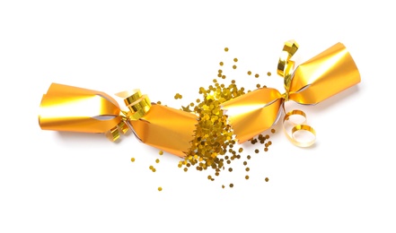 Photo of Paper candy with golden confetti on white background, top view