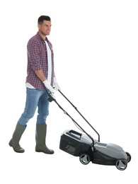 Man with modern lawn mower on white background