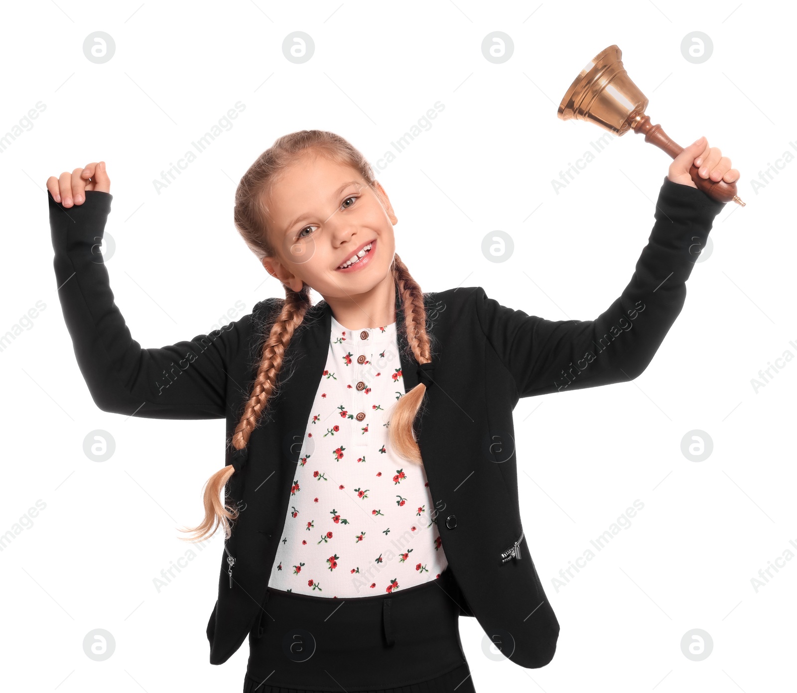 Photo of Pupil with school bell on white background