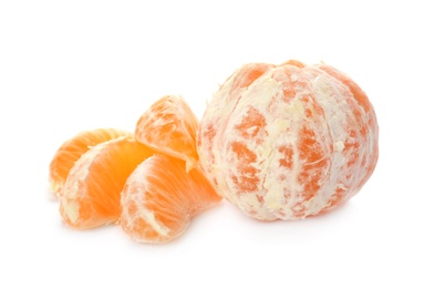 Peeled fresh tangerines on white background. Citrus fruit