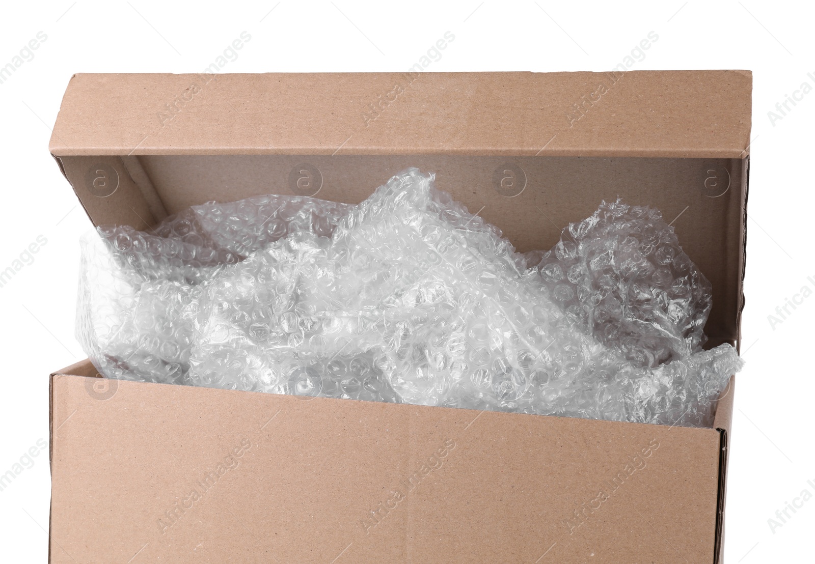 Photo of Transparent bubble wrap in cardboard box isolated on white