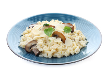 Photo of Delicious risotto with cheese and mushrooms isolated on white