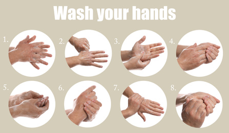 Steps of washing hands effectively. Collage with man on beige background, closeup