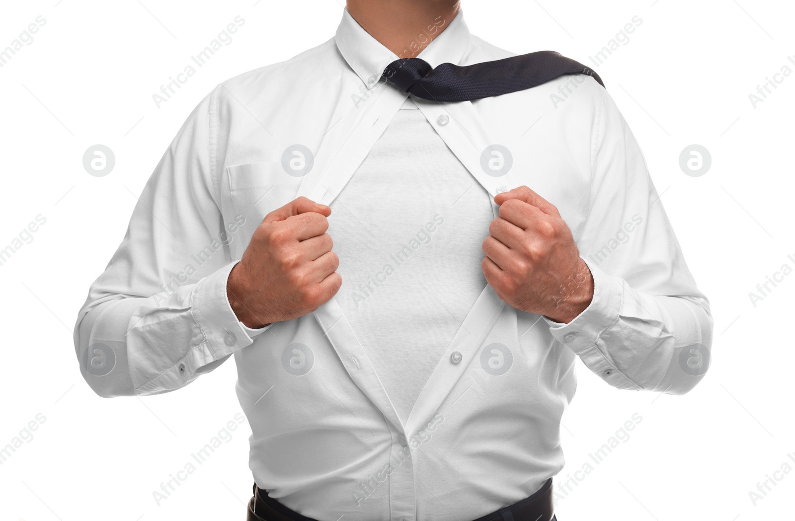 Photo of Businessman wearing superhero costume under suit on white background, closeup