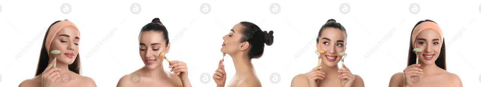 Image of Young woman using face roller on white background, collage. Banner design