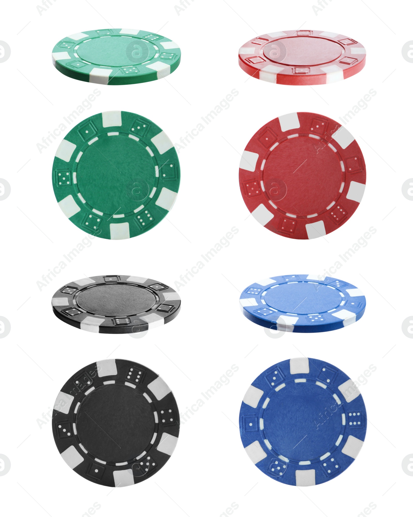 Image of Set with different casino chips on white background 