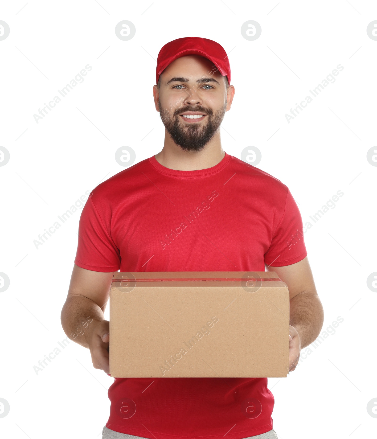 Photo of Courier holding cardboard box on white background