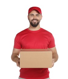 Photo of Courier holding cardboard box on white background