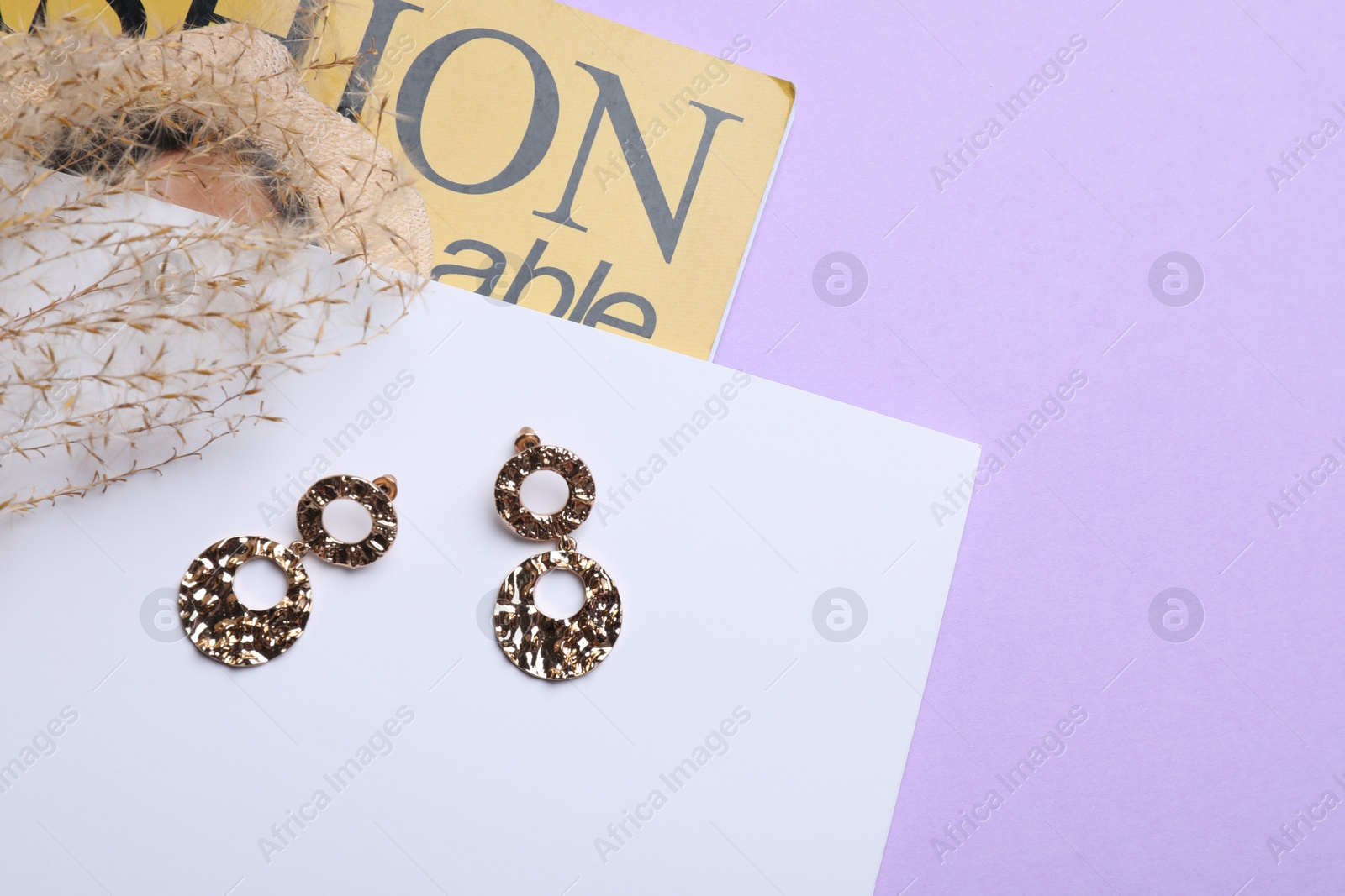 Photo of Beautiful earrings and magazine on violet background